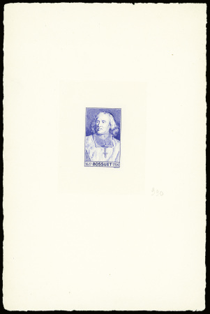 N°990, Bossuet, 4 épreuves d'artiste au type non adopté dessinées par Pheulpin sans valeur faciale (3 en bleu, 1 en noir)