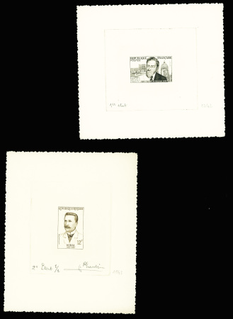5 épreuves d'artiste : n°1242 - 0,20 Pierre de Nolhac, n°1143 12F.Widal en brun, 2ème état signée Pheulpin, n°1054 12F+3F François de Tassis signée Pheulpin