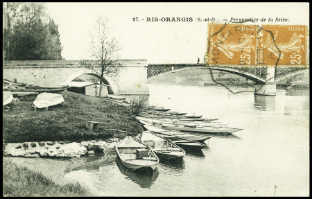 N°235 en paire verticale obl. Grand CAD d'essai ondulé d'ambulant "Paris à Montargis A" (1930) (Pothion n°1201A) sur carte postale. Ind 20