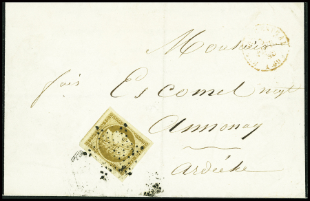 N°1, 10c bistre-jaune, 4 très grandes marges obl. Étoile muette noire + CAD rouge "Bureau central (60)" (1853) sur faire part de deuil. TB