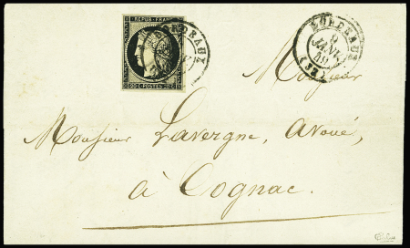 N°3, 20c noir obl. CAD T15 "Bordeaux" (9 janv 49) sur lettre avec correspodance pour Cognac. TB