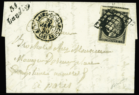 N°3 obl. Grille + T15 "ST Hilaire du Harcouet (48)" (1850) + cursive "51 Landivy" sur lettre. TB