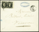 N°3, paire avec BDF à droite obl. Grille + T15 Melun (28 mai 49) sur lettre en double port pour Nemours. TB