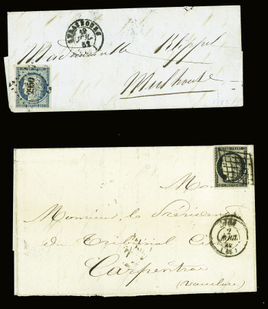 2 lettres : n°3 obl. Grille + T15 Lyon (1849) et n°4 obl. PC 2950 + T15 Strasbourg (1852). TB