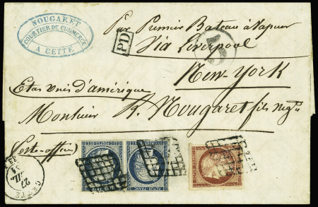 N°6, 1F carmin + n°4, 25c bleu en paire obl. Grille + T15 "Cette (33)" (1851) sur lettre pour New-York via Liverpool. TB