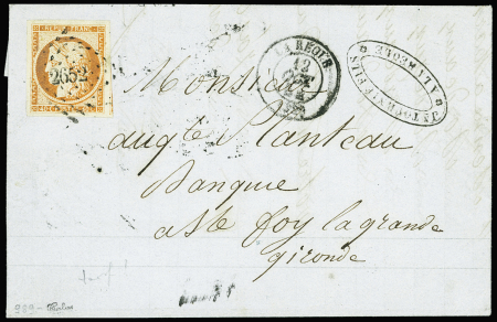 N°5, 40c orange obl. PC 2652 + T15 "La Réole (32)" (1852) sur lettre en double port pour Ste Foy-la-Grande. TB