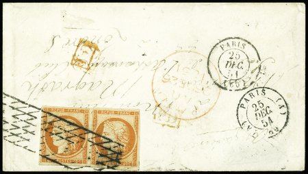 N°5, 40c orange en paire obl. Grille sans fin + CAD "(A) Paris (A) (60)" (1851) sur lettre pour Londres (1851). TB