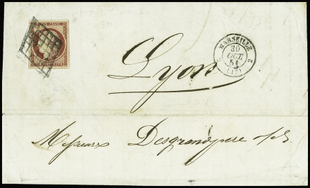 N°6, 1F carmin belles marges, obl. Grille + T15 "2 Marseille 2 (12)" (1851) sur lettre pour Lyon. TB