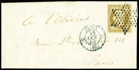 N°9, 10c bistre-jaune, obl. Étoile muette noire + CAD T15 bleu "Paris (60)" (1853) sur lettre. TB