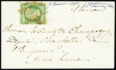N°12, 5c vert-jaune obl. Étoile muette rouge sur petite env pour carte de visite. RR et TB