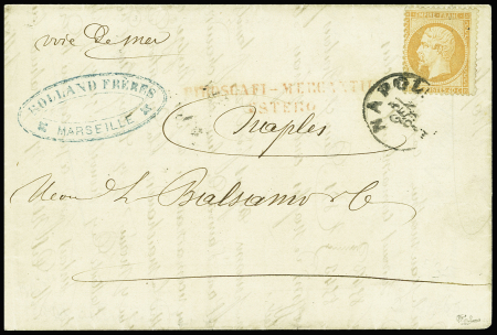 N°23 obl. CAD "Napoli" (1865 - Salles n°693) sur lettre de Marseille pour Naples avec griffe rouge "Piroscafi mercantili estero" de Marseille pour Naples