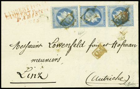 N°29, 3 pièces, obl. Griffe encadrée rouge "PD" sur lettre de Paris pour Linz (Autriche) avec arrivée (1868). Rare et TB