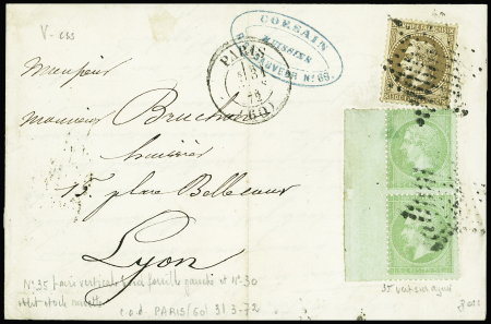 N°35, paire verticale avec BDF à gauche + N°30 obl. Étoile muette + CAD "Paris (60)" (31 mars 1872) sur lettre pour Lyon. TB