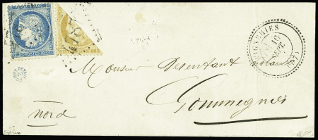 N°36, demi-timbre + n°37 obl. GC 4787 + T24 "Wignehies (57)" (16 sept 71) sur lettre signée Calves. RR et TB