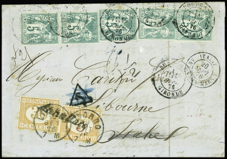 N°64, 5c vert type 1 obl. CAD T18 "Bordeaux Gironde" (1876) sur lettre pour Livourne avec Italie timbres-taxe n°5 + 8. rare et TB
