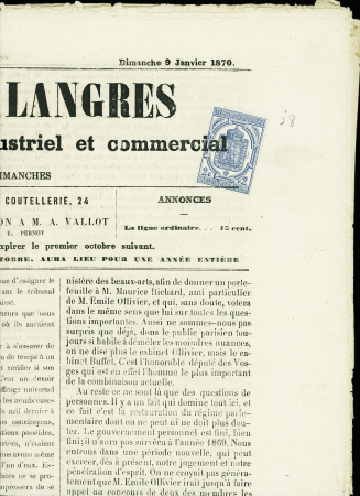 Journaux n°8 obl. Typo sur journal de Langres (9 janv 1870). TB