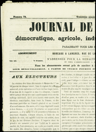 Journaux n°8 obl. Typo sur journal de Langres (9 janv 1870). TB