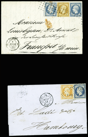 2 lettres : n°13 + 14, 2 pièces, obl. Rouleau de points sur lettre pour Paris (1855) pour Francfort sur le Mein et n°14 + 16 obl. Losange de points "DS3"