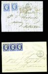 2 kettres pour les Pays-Bas : n°14, 2 pièces, obl. roulette de points + CAD de Paris (1860) et n°14 en bande de 3 obl. PC 3313 + T15 "Tain (25)" (1856)