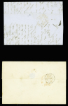 2 kettres pour les Pays-Bas : n°14, 2 pièces, obl. roulette de points + CAD de Paris (1860) et n°14 en bande de 3 obl. PC 3313 + T15 "Tain (25)" (1856)