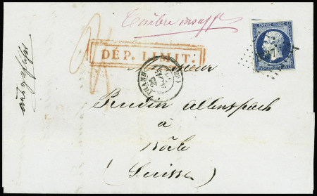 N°14 obl. PC 3337 + T15 "Thann" (1856) sur lettre pour Bâle avec griffe encadrée rouge "Dep. Limit" + mention manuscrite "Timbre insuff." TB