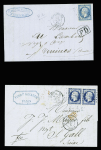 2 lettres : n°14 obl PC 2517 + T15 Pontarlier (1862) sur lettre au tarif frontalier pour Verrières (Suisse) et n°14 en paire