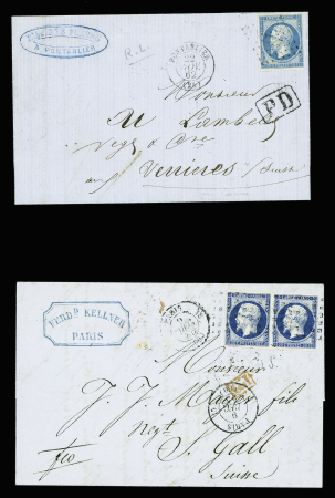 2 lettres : n°14 obl PC 2517 + T15 Pontarlier (1862) sur lettre au tarif frontalier pour Verrières (Suisse) et n°14 en paire