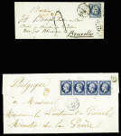 2 lettres pour la Belgique : 14 obl. Rouleau de gros points + CAD de Paris (1855) et taxe tampon 4 façon manuscrite et n°14 en bande de 4 obl. PC 3634