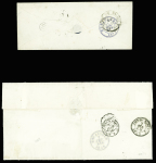 2 lettres pour la Belgique : 14 obl. Rouleau de gros points + CAD de Paris (1855) et taxe tampon 4 façon manuscrite et n°14 en bande de 4 obl. PC 3634