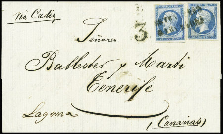 N°14, 2 pièces obl. Linéaire "Estrangero Barcelona" + taxe espagnole 3 sur lettre pour Tenerife (Canaries) Salles n°611), ind 22. TB