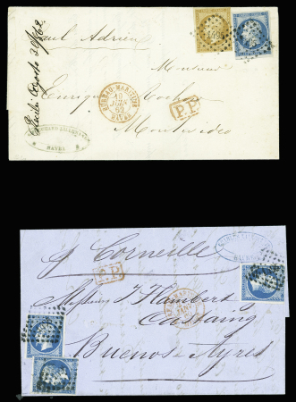 2 lettres pour l'Uruguay et la province de Buenos Ayres AFF n°13 + 14 et n°14, 3 pièces obl. PC 1896 en noir + T15 rouge "Bureau maritime Havre"