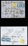 2 lettres des bureaux français à l'étranger  vers la France : n+13 + 14 en paire obl. PC 3707 + T15 Constantinople Turquie" (1861)