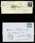 2 lettres locales : n°14 obl PC 1369 + croix à la plume sur lettre pour Paris (1856) avec cachet "trouvé à la boite" + n°14 obl. PC 1951 + T22