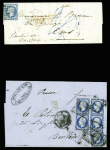 N°14 obl. Bureau E de Paris (1858) sur lettre pour Ems (duché de Nassau) et n°14, 5 pièces, obl. Losange de points "B" + CAD "B Paris B" (1857)