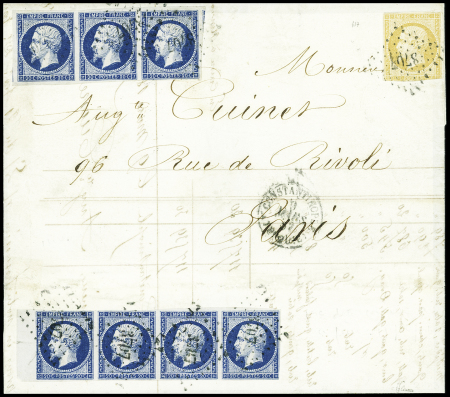 N°13 + 14, bande de 3 + bande de 4 obl. PC 3707 + T15 "Constantinople Turquie" (1857) sur lettre du 3ème échelon pour Paris, spectaculaire et TB