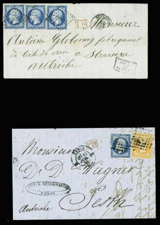 2 lettres : n°14, 3 pièces de Toulouse pour la Hongrie (1860) et n°14 + 16 sur lettre de Paris pour Budapest (1860). TB