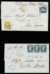 2 lettres pour le Brésil AFF n°13 + 14 obl. PC 1495 pour Rio de Janeiro (1857) et n°14 en bande de 3 obl PC 1495 pour Rio de janeiro (1859)