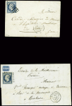 2 lettres : n°14 obl. Gros points de Paris (1856) pour la Grèce et n°14 obl. PC 2128 + T15 Montpellier (1855) pour Kinburn (Russie). TB
