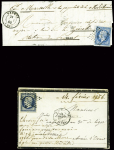 N°14 obl. PC 3486 + T15 "Vanves (60)" (1860) sur lettre pour le navire La Zénobie stationné au Levant et n°14 obl. Étoile muette + CAD "Paris (60)"