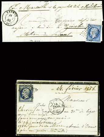 N°14 obl. PC 3486 + T15 "Vanves (60)" (1860) sur lettre pour le navire La Zénobie stationné au Levant et n°14 obl. Étoile muette + CAD "Paris (60)"