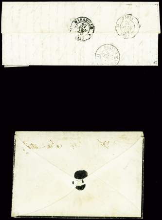 N°14 obl. PC 3486 + T15 "Vanves (60)" (1860) sur lettre pour le navire La Zénobie stationné au Levant et n°14 obl. Étoile muette + CAD "Paris (60)"