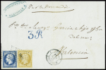 N°13 + 14 obl. PC 1896 + CAD "4 Marseille 4" (1857) sur lettre pour Valence (Espagne) avec taxe espagnole bleue. TB