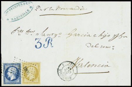 N°13 + 14 obl. PC 1896 + CAD "4 Marseille 4" (1857) sur lettre pour Valence (Espagne) avec taxe espagnole bleue. TB
