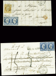 2 lettres pour les Etats Sardes : n°13 + 14 en paire obl. Rouleau de gros points de Paris (1854) sur lettre pour Ugine (Duché de Savoie) et n°14 en paire obl PC 3599 + T22 "Villedieu de l'Indre (35)" (1859) sur lettre po
