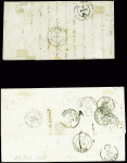 2 lettres pour les Etats Sardes : n°13 + 14 en paire obl. Rouleau de gros points de Paris (1854) sur lettre pour Ugine (Duché de Savoie) et n°14 en paire obl PC 3599 + T22 "Villedieu de l'Indre (35)" (1859) sur lettre po