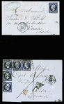 2 lettres pour Vienne (Autriche) : n+14 obl. PC 2642 + T15 Reims (1856) avec taxe 1F20 et n°14, 5 pièces, obl. PC1818 + T15 Lyon (1856). TB