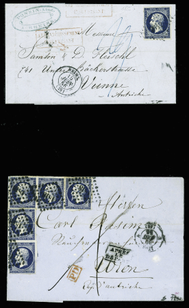 2 lettres pour Vienne (Autriche) : n+14 obl. PC 2642 + T15 Reims (1856) avec taxe 1F20 et n°14, 5 pièces, obl. PC1818 + T15 Lyon (1856). TB