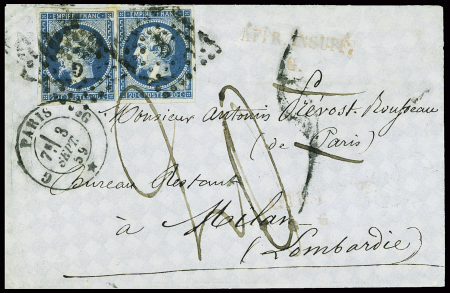 N°14 en paire obl. Losange de points "G" + CAD "G Paris G" (1859) sur lettre pour Milan (Lombardie) avec taxe manuscrite de 20 soldi. TB