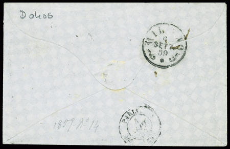 N°14 en paire obl. Losange de points "G" + CAD "G Paris G" (1859) sur lettre pour Milan (Lombardie) avec taxe manuscrite de 20 soldi. TB