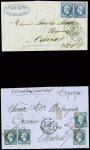 2 lettres pour l'Espagne : n°14 en paire obl. CAD "3e Paris 3" (1863) pour Cadix et n°14, 4 pièces, obl. Losange de points "C" (1860) pour Madrid